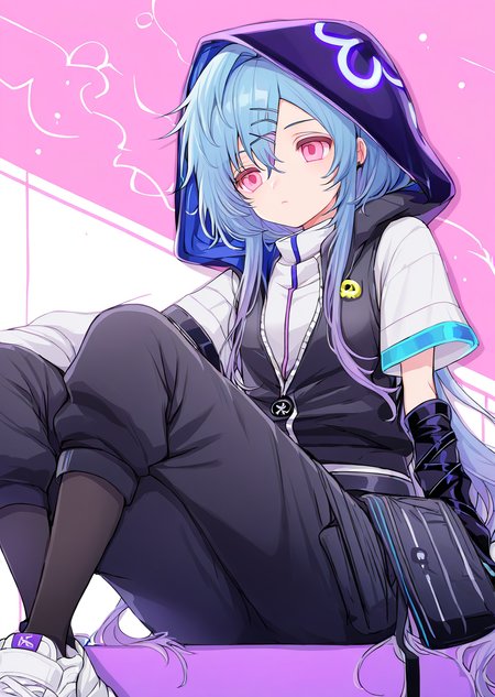 <lora:ShimizuAkina250208:1>,ShimizuAkina,OcBoy,<lora:mizuki_arknights_for_IL:1>,mizuki_\(ambience synesthesia\)_\(arknights\),blue hair,pink eyes,gradient hair,hood up,x hair ornament,black pants,hooded jacket,white shirt,sneakers,<lora:NOOB_vp1_detailer_by_volnovik_v1:1>,<lora:noobai_ep11_stabilizer_v0.138_fp16:1>,