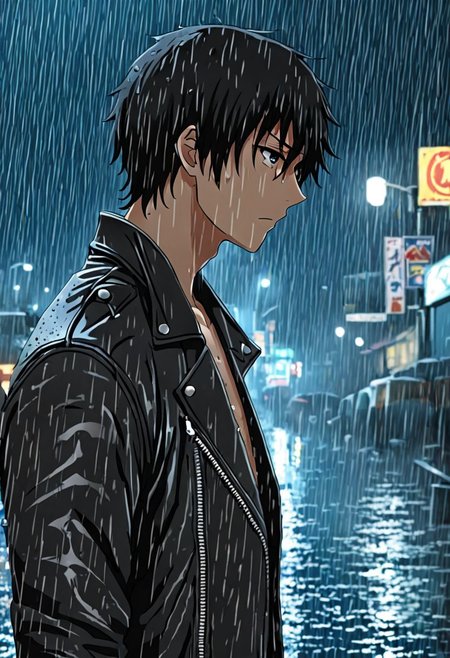 high resolution, solo, best quality, 1Boy, Kanie Seiya, Black Hair, heavy rain, downtown, night, looking down, sad, leather jacket, looking away, wet, wet hair, OverallDetail