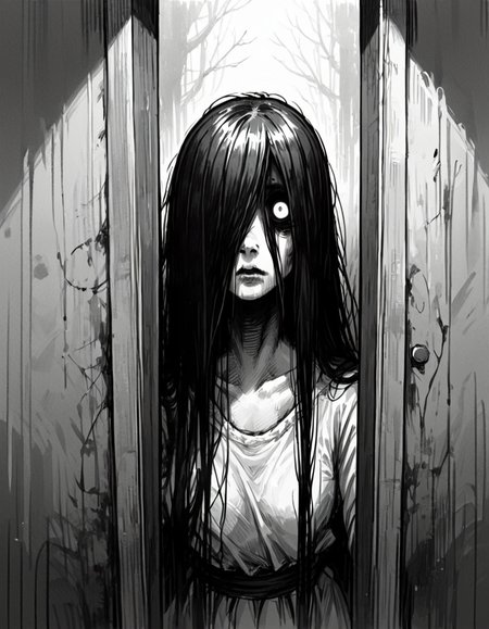 score_9, score_8_up, score_7_up,  <lora:Messy Sketch Style:1>,yamamura sadako, standing in doorway, (white empty eyes), looking at viewer, creepy, hair over one eye,  monochrome,