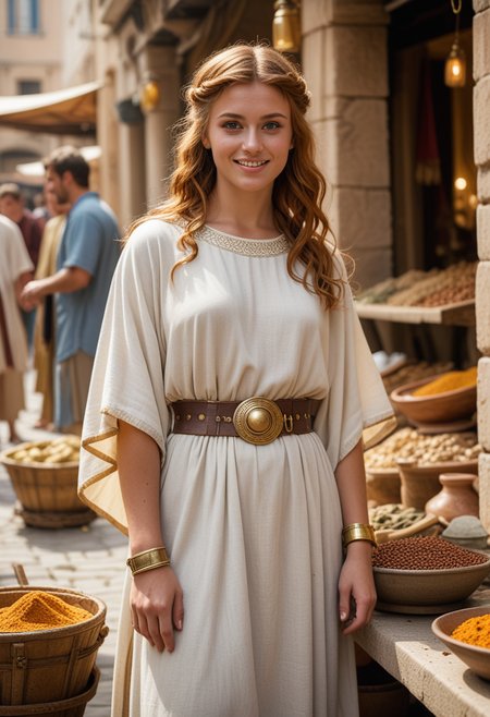 (medium full shot) of (glamorous young woman from the ancient roman era), australian, tan skin, olive green eyes, Medium build, long ginger curtain bangs hair, wearing a gold tunic with belt, traditional white toga, hide sandals, signet ring, gold armband,  set in ancient rome,  a vibrant Roman market, with stalls selling spices, fabrics, and pottery, and people haggling and bartering , woman smiling, Masterpiece,best quality, photo, realistic, very aesthetic, detailed face,