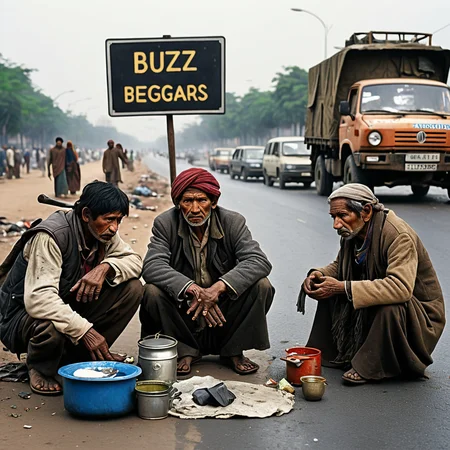 hands outstretched. The urban backdrop shows busy streets with people and vehicles passing by, indifferent to their plight. The scene highlights the stark contrast between the bustling life of the city and the harsh realities faced by those on the margins. Tattered clothes, worn faces, and makeshift shelters paint a poignant picture of struggle and survival