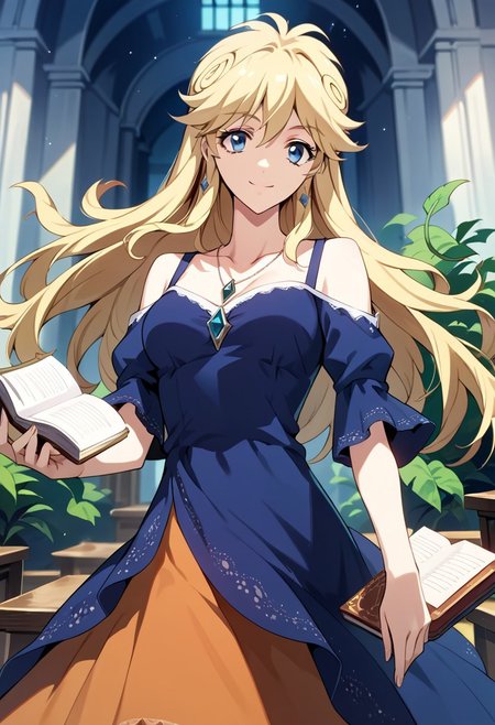 score_9_up, score_8_up, score_7_up, source_anime, LEAO EVERLASTING (2020), 
1girl, solo, long hair, smile, blue eyes, blonde hair, dress, jewelry, book, pendant