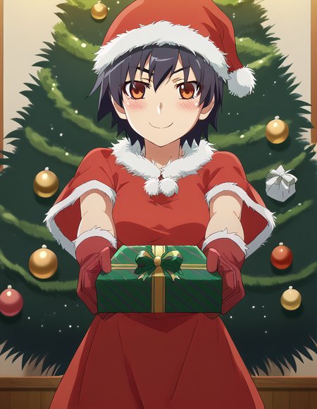 score_9, score_8_up, score_7_up, source_anime, <lora:suruga-kanbaru-offmonster-ponyxl-lora-nochekaiser:1>, suruga kanbaru, kanbaru suruga, short hair, black hair, brown eyes, medium breasts, anime screencap, <lora:santa-costume-ponyxl-lora-nochekaiser:1>, santa costume, santa hat, christmas, sack, merry christmas, gift, fur-trimmed headwear, holding sack, santa dress, fur-trimmed dress, christmas tree, christmas tree, fur trim, red capelet, gift box, red gloves, fur-trimmed capelet, santa gloves, red hat, hat,, smile, blush, looking at viewer, <lora:incoming-gift-ponyxl-lora-nochekaiser:1>, incoming gift, outstretched arms, holding, holding gift, gift, gift box,, , dutch angle, cowboy shot