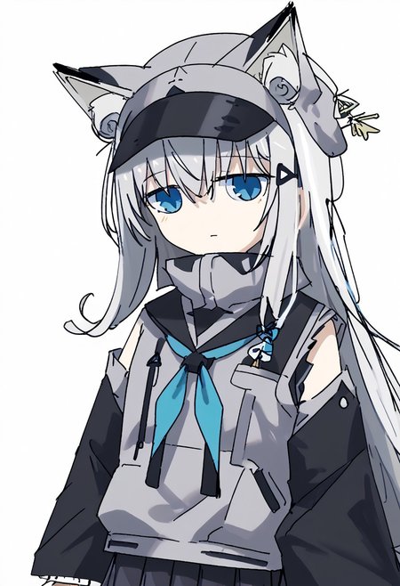 score_9, score_8_up, score_7_up,  n102nikke, blue eyes, grey hair, long hair, fake animal ears,, grey jacket, long sleeves, black shorts, bike shorts,ears through headwear, kawakaze, blue eyes, white hair, long hair, fox ears, fox tail 
Upper body,fox ears,fox tail nontraditional miko, japanese clothes, wide sleeves, ribbon-trimmed sleeves, detached sleeves, black gloves, black serafuku, blue neckerchief, black skirt, pleated skirt, thighhighs