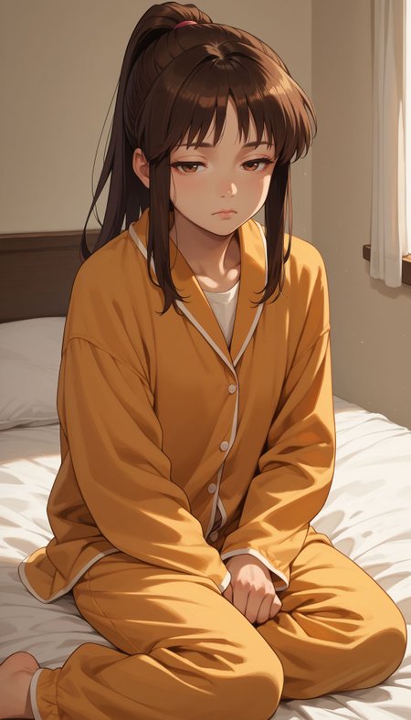 score_9, score_8_up, score_7_up, score_6_up, , solo, 
 <lora:Kyonko:0.8> kyonko, 1girl, ponytail, long hair, brown hair, brown eyes, , half-closed eyes, pajama, on bed, sitting,