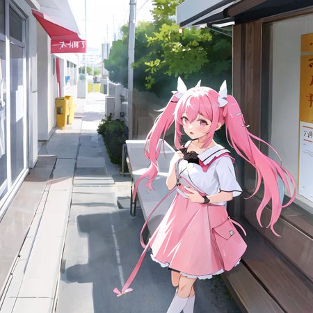 chiyoura chiyomi,solo,1girl,<lora:chiyoura chiyomi:0.7>,twin tail,long hair,pink hair,pink dress,ruffled skirt