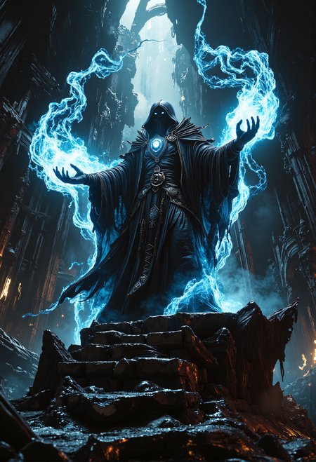 cinematic film still Create a powerful fantasy scene featuring an ancient sorcerer. The sorcerer, draped in long, flowing robes adorned with arcane symbols, stands atop a stone platform in the middle of a mystical ruin. They hold a staff topped with a glowing crystal, casting a powerful spell that creates swirling magical energy around them. The ruins are surrounded by a dark, enchanted forest, with glimpses of strange creatures in the shadows. The sky is dark and stormy, with flashes of lightning illuminating the scene. The composition should exude a sense of ancient power and mystical intensity. photography, Natural geographic photo, Hyper-realistic, 16k resolution, (masterpiece, award winning artwork), many details, extreme detailed, full of details, Wide range of colors, high Dynamic, <lora:DnDDarkestFantasy.safetensors:0.5>,  <lora:dark_fantasy_flux.safetensors:1.0>, <lora:aidmaMJ6.1-FLUX-V0.1.safetensors:1.0>, midjourneyv6.1 hkmagic ArsMJStyle, dnddarkestfantasy <lora:FantasyWizardWitchesFlux.safetensors:0.75>, <lora:ARTifacts.safetensors:0.75>, <lora:svgvrs_flx_EliPot.safetensors:0.5>,     . shallow depth of field, vignette, highly detailed, high budget, bokeh, cinemascope, moody, epic, gorgeous, film grain, grainy