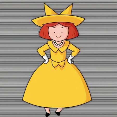 1girl, solo, Madeline, yellow hat with a black hair bow, white gloves, red hair, smile, full body, princess make up, Very long large floor length wide straight yellow tulle long sleeved ball gown hoop skirt, ball gown hoop skirt, yellow princess dress, hoopdress, white pearl necklace, long elbow length princess gloves, my big princess gypsy wedding dress, ballgown, a girl in a dress posing like a princess for a picture, looking at viewer, pretty eyes, she is posing, hands on hips, closed mouth, closed eyes,