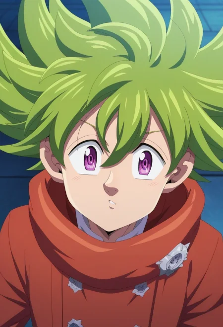 masterpiece, best quality, , anime screencap, anime coloring, official style, looking at viewer, 1boy, solo, male focus, <lora:percival_nnt_mny_ilxl:0.98>, percival_nnt_mny, green hair, purple eyes, spiked hair, hair between eyes, bangs, ,