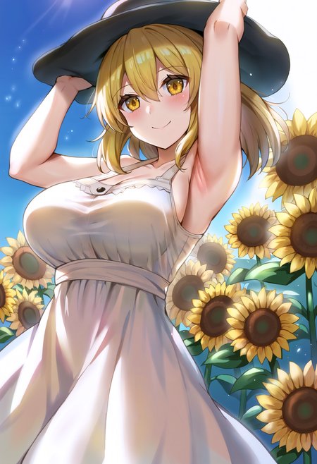 score_9, score_8_up, score_7_up, score_6_up, score_5_up, score_4_up,
simple background, gradient background,
refraction, caustics, rim lights, backlighting, bloom,
BREAK
source_anime, day, outdoors, sky, flower field, sunflower, sunflower field, sunset,
BREAK
1girl, sundress, sunhat, blonde hair, large breasts, see-through silhouette, happy, hair between eyes,
arms up, armpits, light smile,
 <lora:QianWuAtai-v1-PDXL:1>
