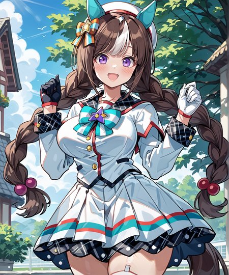 score_9,score_8_up,score_7_up,2D animation style,source_anime,anime screencap,rating_explicit,best quality,masterpiece,Japanese Anime Style,(solo),(1girl),smile,open mouth,looking at viewer,<lora:uma_hokko_tarumae_ponyxl>,hokko tarumae (umamusume),brown hair,two-tone hair,horse girl,horse ears,ear cover,horse tail,white headwear,hair bow,striped bow,sailor collar,collarbone,white jacket,half gloves,((mismatched gloves)),(black gloves:1.1),(white gloves),long sleeves,bowtie,white skirt,white socks,shoes,sneakers,large breasts,cowboy shot,thick thighs,hands up,Breathing heavily through the nose,