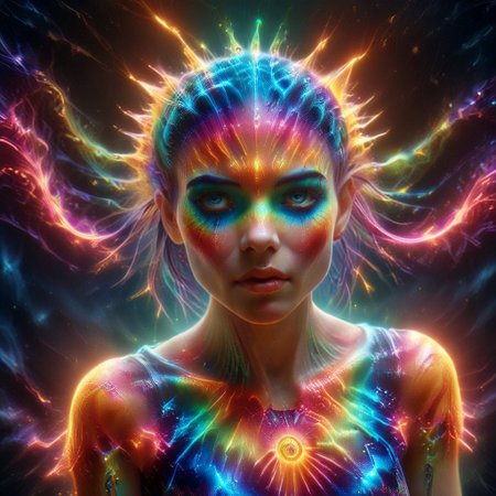 a full body fire entity girl with multicolored flames, purple and blue lights, green and blue flames, pink energy electric eyes, professional photography of an fantastical creature, young woman, shaved head Finely detailed, in a solarpunk environment, looking at viewer, solo, headwear removed, realistic, night blue sky, own hands, spooky makeup, entirely made of stars and galaxies, cyber light trails with whimsical elements, swirling magic, eerie fairytale landscape, elaborate fantasy style art, very colorful, intricate details, ultra sharp, exquisite detail, flawless composition, vivid colors, masterpiece, exciting background, psychedelicai, made out of,colorful,liquid,Murano Art Glass, GlowingInk, mad-glowtiedye, glowneon, glowing, sparks, lightning