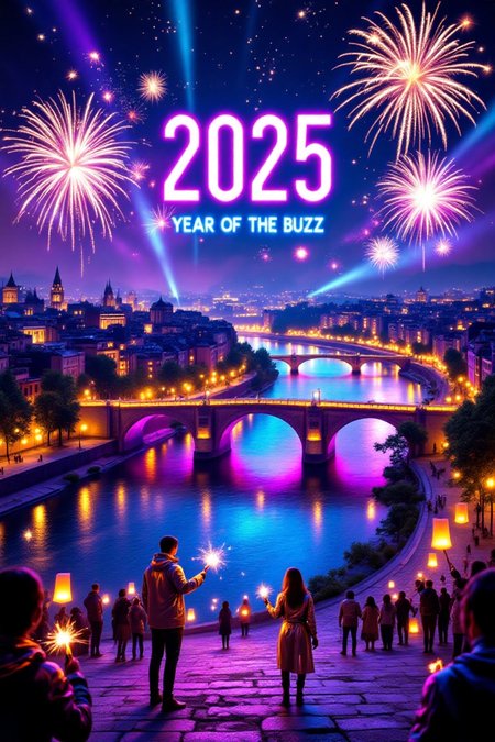 New Year's Eve 2025 in Toulouse, envisioned in a futuristic style. Pont Neuf glows with neon and holographic projections, seamlessly blending historical and futuristic aesthetics. Fireworks explode over the Garonne River, their geometric patterns casting shimmering reflections across the water. A holographic '2025 YEAR OF THE BUZZ ' floats in the sky above the city, radiating warmth and light, while beams of soft color and shimmering stars illuminate the skyline. Crowds in futuristic attire, with metallic fabrics and glowing accessories, celebrate with advanced sparklers and glowing lanterns, filling the air with a sense of excitement and wonder. The festive atmosphere combines Toulouse's historic charm with the sleek sophistication of future technology under a vibrant, holographic sky.
