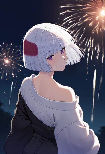 masterpiece, best quality, newest, anime, from behind, solo, 1girl, ur4ume, smile, looking back, short hair, two-tone hair, white hair, red hair, bob cut, blunt bangs, purple eyes, japanese clothes, two-tone kimono, white kimono, black kimono, off shoulder, bare shoulders, outdoors, night, fireworks
<segment:yolo-face_yolov8m.pt,0.4,0.5//cid=1>