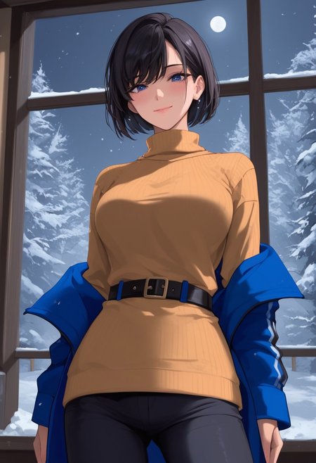 score_9, score_8_up, score_7_up, source_anime, masterpiece, 4k, high quality, (best quality:1.1), solo, 1girl, hiraguchip5, short hair, black hair, blue coat, yellow turtleneck sweater, black pants, belt, closed mouth, seductive face, standing, legs apart, from front and below, looking at viewer, blushing, shy smile, cowboy shot, winter park scenery, snow, window, night, moonlight, godrays,