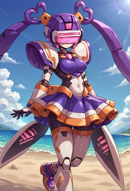 score_9, score_8_up, score_7_up, source_anime, BREAK
<lora:Pochincoff_VirtualOn_V1:1>,Pochincoff_VirtualOn,1 girl, robot, robot joints, armor, bodysuit, colored skin, shiny skin, head_mounted display,  thighhighs, mecha skirt, dark skin, 
RNA-Fei-Yen, (Purple Armar), (Purple Clothes),(Purple hair:1.3), twin tails, pink eyes, 
Sunlight, sandy beach, resort, outdoors,