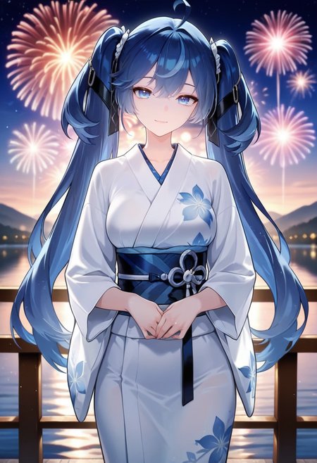 masterpiece, best quality, amazing quality,iuno, blue eyes,dark blue hair,ahoge, twintails, long hair, 1girl, solo, breasts,japanese clothes, yukata,white kimono,light smile, standing, looking at viewer, cowboy shot, outdoors, lake, aerial fireworks, night, blurry background  <lora:iunoV1:0.9>