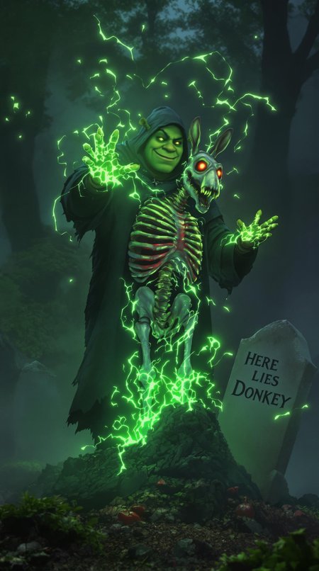 Shrek, dressed as a necromancer in a dark, tattered hooded robe, stands in a misty, overgrown cemetery. His hands glow with epic green necromantic energy, crackling and swirling as it flows into a half-buried grave. Rising from the dirt is a skeletal Donkey, with all bones exposed with some remaining flesh. His eye sockets glow ominously with bright red light, adding an eerie presence as he emerges slowly from the grave, only halfway out, limbs stiff and lifeless. The tombstone next to the grave reads: 'Here lies Donkey.' The necromantic energy is powerful, with beams of light and spirals of magic surrounding the scene, casting eerie shadows across the foggy ground. The atmosphere is darkly epic, combining a macabre vibe with a humorous twist. Rendered in the highest possible detail.