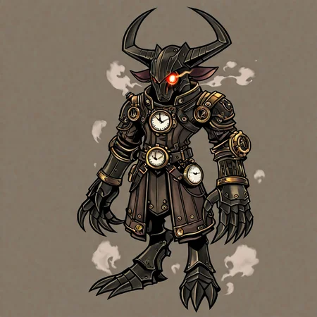 armor, 1boy, horns, animal ears, glowing eye, claws, , male focus, , gauntlets, steam, steampunk, clock, vector art,  , ,   
2d,  <lora:GAME_STYLE_Dissidia_Final_Fantasy_Opera_Omnia:0.8>  , graphite \(medium\), traditional media, colored pencil \(medium\),dissidiaopera, solo, no nose, full body, ,masterpiece, best quality, very awa,