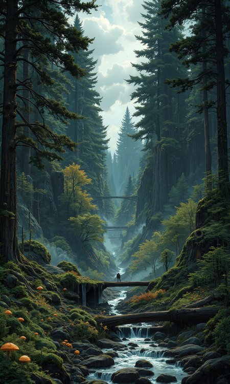 Ancient fir forest, towering evergreens, moss-covered logs, ferns unfurling, dappled sunlight filtering through dense canopy, misty morning air, dewdrops glistening, hidden streams trickling, lichen-draped branches, soft forest floor, pine needles scattered, mushroom clusters, bird calls echoing, rays of light, ethereal atmosphere, lush undergrowth, fallen leaves, natural rock formations, 8k resolution, hyperrealistic details, cinematic lighting, intricate textures, photorealistic quality, masterpiece, wide-angle perspective <lora:DND_GRAINYBOYZ_FG_FLUX_V2_ROMULUS_Lora:0.8> <lora:Blue_Future:0.9> <lora:New_Fantasy_CoreV4_FLUX:0.5> <lora:flux_dev:1>