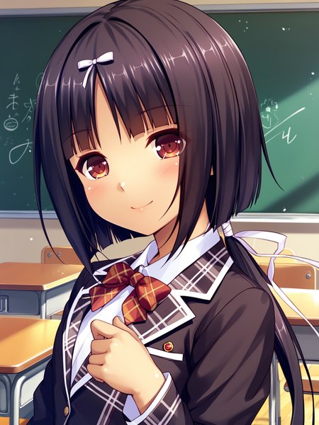 <lora:happy_tentacle-arle-v0.1-000034:1>, ht_arle, low ponytail, hair ribbon, black shirt, plaid clothes, layered skirt, hair ornament, school uniform, classroom , 1girl, solo, upper body , , ( smile :1.1), , , standing , , score_9, score_8_up, score_7_up, score_6_up, score_5_up, score_4_up