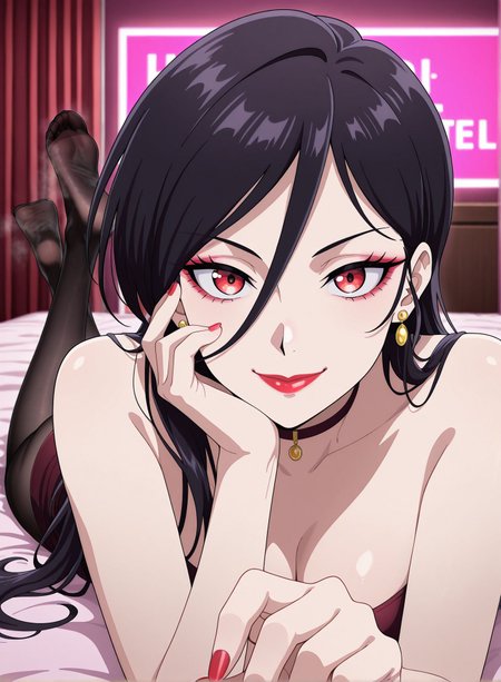 masterpiece,best quality,amazing quality,very aesthetic,absurdres,newest, huge filesize,
<lora:spo_sdxl_10ep_4k-data_lora_webui:0.5>,
<lora:add-detail-xl:1>anime coloring, uncensored, 
1girl, 
<lora:pantyhose feet_illustrious_V1.0:0.6> pantyhose feet,black pantyhose, smell,no shoes,on stomach,
love hotel,
BREAK
<lora:tohai_V1:1> tohai,
1girl,solo,jewelry,
earrings,lipstick,  long hair, 
long hair,black hair,
hair between eyes,looking at viewer,
makeup,red eyes,nail polish,
red nails,red lips,
choker,smile,t_ai,
BRAKE