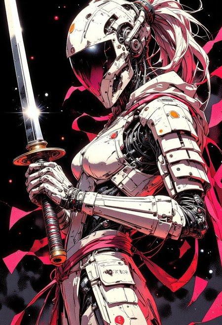 A traditional Japanese ink-on-paper masterpiece blending wabi-sabi aesthetics with a sensual, surreal edge. Image of a cyberpunk robot samurai woman, robot face with mirrored face shield, hyperdetailed helmet, white and neon armor, robot joints, body made of metals, cables and wires, holding a katana by the hilt, dark background, chiascuro, light hitting one side of face
