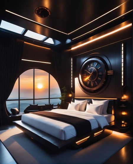 masterpiece, high quality, a reij-ebsu bed room, retro sci fi steampunk sunrise, ebony wood  <lora:ebony sunset-000001:0.9>