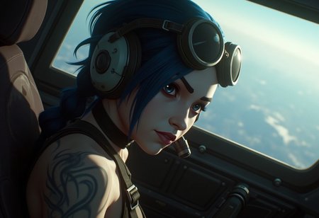 a realistic fly a plane, detailed background, the plane cockpit, ultra realistic, jinx pilot fly plane ,sexy , pilot headset, high contrast shadows