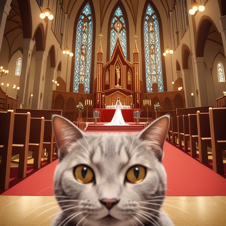 cinematic film still anime artwork,  cfb, cat foreground <lora:Meme_soph-PhotoBombv2-SDXL:0.8>, church background, wedding . vibrant, studio anime, highly detailed,  ((art by Katsuhiro Otomo)) (cel shading), line art . shallow depth of field, vignette, highly detailed, high budget, bokeh, cinemascope, moody, epic, gorgeous, film grain, grainy