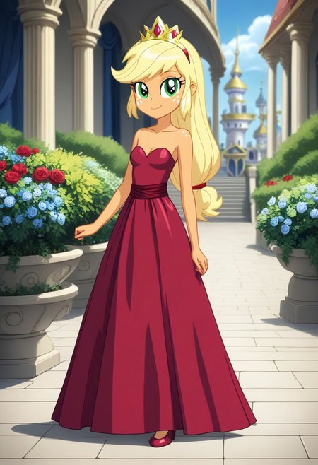 score_9, score_8_up, score_7_up, score_6_up, source_cartoon, rating_safe, My Little Pony Equestria Girls, very young little human girl Applejack wearing a fit green|brown|darkpurple|wine|red gradients colors short princess dress, elegant detailed princess shoes, solo, 1girl, little princess girl, gradient golden blond hair with crown hairband, smile, childhood, looking at viewer, glow detailed eyes, garden of canterlot, tul, chiffon, laces, semi realistic cartoon, unreal engine 5,  full body close-up, absurdres, digital art, soft light, perfect hands, perfect, hands, perfection, soft orange skin, green eyes, apples accesories and shoes, jewelery, tres chic,<lora:age_slider_v4:-4>,