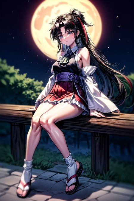 masterpiece,  best quality 1girl Setsun4 solo long hair,  (night time) forest background black hair very long hair purple eyes multicolored hair armor (fur trim) (medium body),<lora:EMS-179-EMS:0.800000>,<lora:EMS-293862-EMS:0.800000>ascot, bare shoulders, black footwear, detached sleeves, embellished costume, frills, japanese clothes, nontraditional miko, red skirt, sandals, sarashi, skirt, socks, armor, miko
