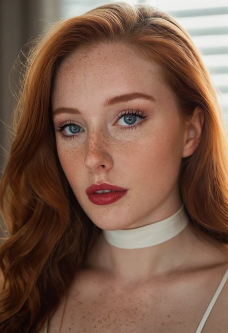 ginger woman, blue eyes, makeup, lipstick, freckles, closeup, back light, blinds, indoors, highly detailed, 4K, ((stylish grainy 35mm photo))