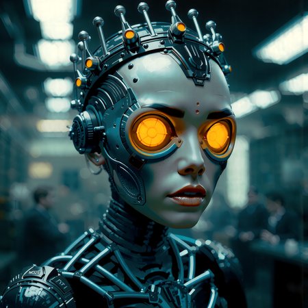 futuristic biopunk, portrait of a woman with dimly extremely detailed glowing orange eyes, featuring a crown-like metal structure on her head and a skeletal metal exoskeleton, with a focus on metallic textures and a dark, high-tech aesthetic, against an eerie backdrop of a dimly lit futuristic laboratory. Style of (Chris Cold:1.2) and style of (HR Giger:0.8), blend of organic and mechanical elements.   <lora:scifi/moxiePunk_v20.safetensors:1.0>,  <lora:flux/Realism 2>,
