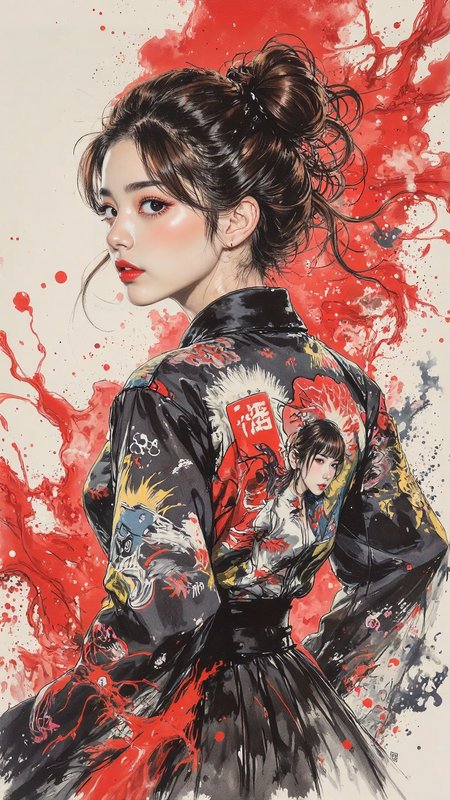 ink and brushstroke dismrt style, pingtu style, illustration-fen, high-resolution anime-style illustration, bold ink work, thick abstract brushstrokes in the background, young woman mid-motion twirling, voluminous chestnut-brown hair styled into an intricate updo, toy printed jacket with striking patterns, flowing pleated skirt, vibrant color contrasts, dynamic energy, raw intensity, painterly textures <lora:illustration:0.8> <lora:ILLUSTRATION_(FLUX)_-_V3.1:0.4> <lora:mystic-sumi_v40:0.6>
