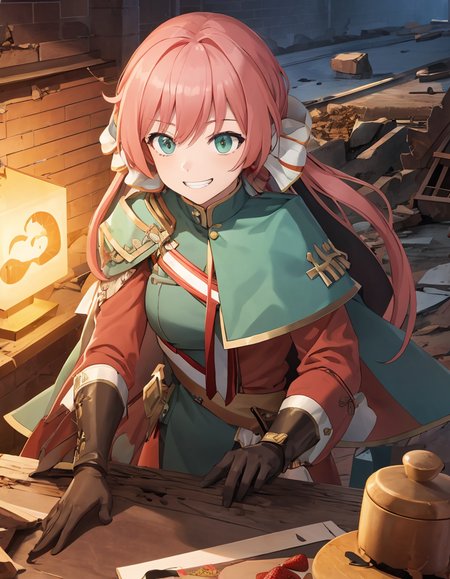 (extremely detailed CG unity 8k wallpaper),(masterpiece), (best quality), (ultra-detailed), (best illustration),(best shadow), battlefield, ruins, rubble, smoke
(carcanostrawberry:1.2), grin, smile, white dress, green capelet
<lora:CarcanoStrawberry:1>