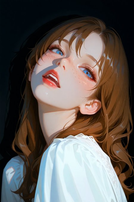 masterpiece, best quality, good quality, very aesthetic, absurdres, newest,portrait, realistic,photorealistic
BREAK
1girl, solo, long hair, looking at viewer, blush, open mouth, blue eyes, brown hair, dress, upper body, parted lips, teeth, from side, looking to the side, lips, head tilt, upper teeth only, shadow, black background,  freckles, red lips,
BREAK
 <lora:ponyv5_noobV065S_1_adamW:0.7> <lora:USNR STYLE_XL_loha:0.45> <lora:748cmSDXL:0.4>