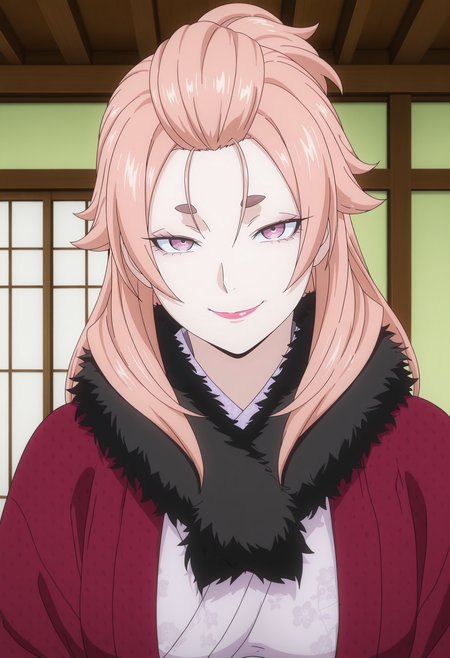 1girl,solo,mm,mature female,long hair,pink hair,purple eyes,lipstick,thick eyebrows,anime coloring,
kimono,fur trim,upper body, looking at viewer, smile,indoors
,masterpiece,best quality,amazing quality,<lora:Mana_Nakiri-Shokugeki_no_Souma:0.8>