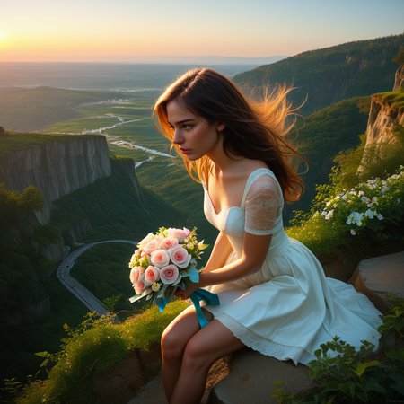score_9, score_8_up, score_7_up,  source_photo, 8k skin textures,,high_quality_photography, source_photo, highly_detailed, very_aesthetic, beautiful, realistic,pretty woman,sitting on a cliff,above ocean,sunset,crying,holding valentine,bouquet of flowers thrown on the ground, man walking away in background,zPDXL2