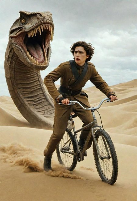 Timothe Chalamet as a Paul Atreides ride a bicycle on a dune planet, Sandworm pursue, Paul Atreides run from giant sand worm by bycicle