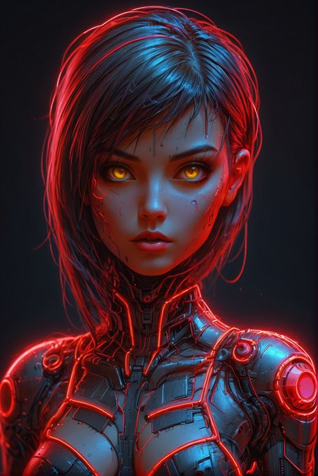 cyberpunk girl, neon_yellow outline, dark neon_red backgroung, scifi, 1980s, retro Classic headshot pose, athletic, cleavage  <lora:Dystopia:0.8> <lora:Neon_Cyberpunk_SDXL_-_Cyberspace:0.8> mad-cyberspace,, (masterpiece:1.2), best quality, (hyperdetailed, highest detailed:1.2), high resolution textures
