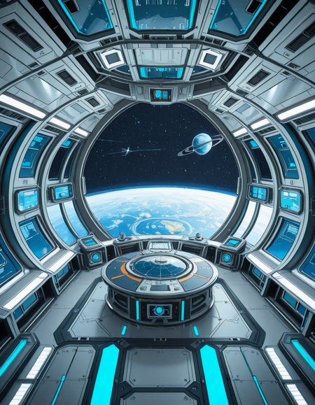 The interior of a massive orbital space station, high above a blue and green Earth-like planet. The setting is a panoramic observation deck with towering reinforced windows that curve around the structure, offering a breathtaking view of the planet below and the star-filled void beyond. The stationâs architecture is sleek and functional, blending advanced human technology with subtle design flourishes â brushed metal walls, glowing interface panels, and clean geometric lines.
Soft white lighting lines the floor and ceiling panels, while ambient blue lights provide a calming atmosphere. Transparent digital displays float in the air, projecting live telemetry, spacecraft traffic, and real-time planetary data in holographic form. In the center of the room, a circular command table displays a rotating 3D projection of the planet and orbital routes.
In the background, the low hum of life support systems and distant radio chatter add to the immersive realism. Cables and utility panels are subtly integrated into the environment, and security doors lead to other compartments of the station. The entire space feels controlled, precise, and filled with purpose â a hub of advanced civilization silently orbiting in the cold beauty of space.<lora:SDXLFaeTastic2400:0.4> <lora:extremely_detailed:0.4> extremely detailed,space station c0ntr0l c3nt3r, <lora:space_station_c0ntr0l_c3nt3r-i:1>, Masterpiece,best quality,hi res,8k,hi res,8k,award winning,(sharp focus, intricate, highly detailed),