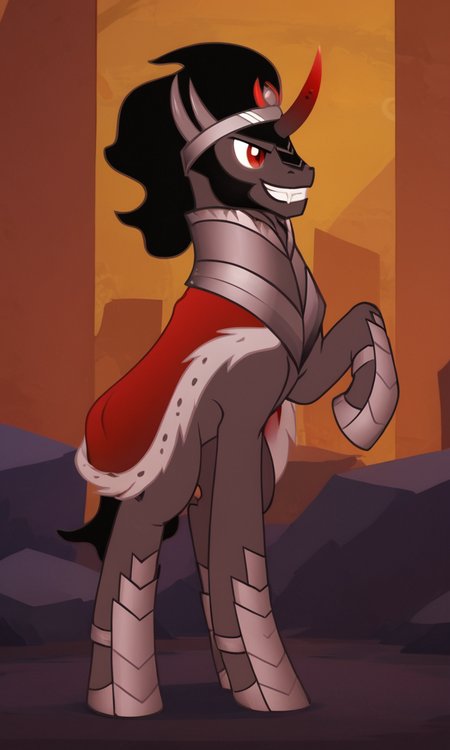 score_9, score_8_up, score_7_up, score_6_up, score_5_up, score_4_up, male, kingsombra, king sombra \(mlp\), kingsombra, king sombra \(mlp\), pokemon, (creature), smile, no humans, solo, grin, full body