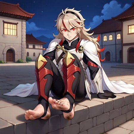 masterpiece, best quality, sharp aliasing, highly detailed, 1male, male body, male,EPfeCorrin, white cape with flames, armour, black gloves, black pants, wearing pants, outdoors, stone tiled ground, buildings, night, barefoot, toeless legwear, armoured legwear, shin armour, leg armour, leg and shin amour, stirrup legwear, black stirrups, 5 toes, Quality, High Definition, Full body view, solo, rengoku kyojuro, forked eyebrowns, long hair, two-etone hair, multicolored hair, red eyes, sword, red toenails, dirty feet, glowing eyes, sitting on ledge, feet, focus, annoyed expression, feet, soles