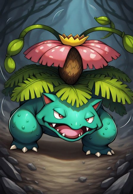 vwstyle, full-length portrait,  <lora:Venusaur_IL:1> pokemon (creature), venusaur, plant on back, cinematic, blurred background, action scene, vines, vinewhip, motion lines, dynamic angle, open mouth, detailed background, solo, serious expression, debris,