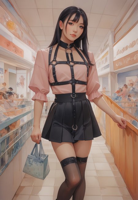 safe_pos, safe_pos, score_9, score_8_up, score_7_up, score_6_up,  masterpiece, Expressiveh, watercolor \(medium\), traditional media, source_anime, 1futanari, sexy girl, japanese, asian, asian face, femboy, pale milky white skin, black irises, young, petite, long hair, black hair, long black hair, straight hair, asian girl, tattoo, jirai kei, pink shirt, black skirt, thighhighs, black shoes, body harness over clothes, h4rn3ss, m4ll, indoors, skylight, shopping mall