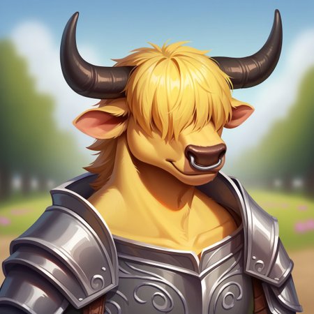 (((detailed, beautiful, high quality))), score_9, score_8_up, score_7_up, solo, portrait,
minotaur, furry,
1 boy, male focus, yellow skin, yellow hair, hair over eyes, black horns, grey armor, 
(looking at viewer:1.2), posing, smiling, 
street, stone wall, flower pots, fantasy background, blurred background,