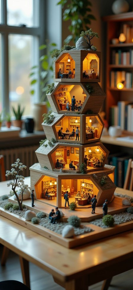 (indoors,indoor,isometric view,side view,tilt-shift lens:2), (fna_style,miniature,miniature,diorama,miniature,diorama,PVC,plastic:2),sunset,winter giant (multi layers of museum with cafe hexagonal vertical:2.5) is located center, people, (in wooden square plate:3) (on table at study:3) <lora:Fantasy_Novel_Art_Style:1> <lora:Rostpunk:0.3>