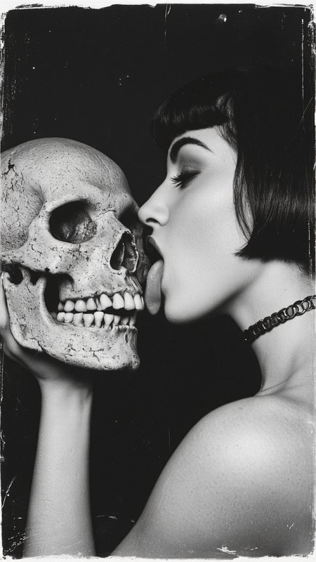 high-contrast, black and white photograph that exudes a gothic, macabre aesthetic. It features a close-up of a woman's face in profile, with her tongue extended and touching the eye socket of a skull. The woman has pale skin, full lips, and dark, thick eyelashes. Her hair is styled in a vintage, straight bob with bangs, and she wears a choker necklace. The skull, which is positioned slightly to the left, has a weathered, textured appearance with visible cracks and cavities, giving it a morbid, realistic quality. The background is dark and blurred, focusing attention on the intimate interaction between the woman and the skull. The photograph has a vintage, film-like texture, with visible scratches and graininess that add to the eerie atmosphere. The overall composition and lighting emphasize the macabre and sensual elements, blending horror with eroticism. The image is likely intended to evoke a sense of dark fascination and mystery.,aidmaimageupgrader, aidmaMJ6.1 <lora:aidmaMJ6.1-FLUX-v0.5:0.7> <lora:aidmaImageUprader-FLUX-v0.3:0.4>