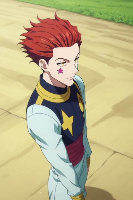 score_9, score_8_up, score_7_up, source_anime, rating_safe, intricate details, anime screencap, anime coloring, , , , 1boy, solo, male focus, <lora:hisoka_morow_pony:0.74>, hisoka_morow, red hair, yellow eyes, facial mark, star (symbol), from above, prairie, day, sunny, arm support, distracted, aloof, oblivious, jester costume, <lora:sdxl_lightning_8step_lora:1>